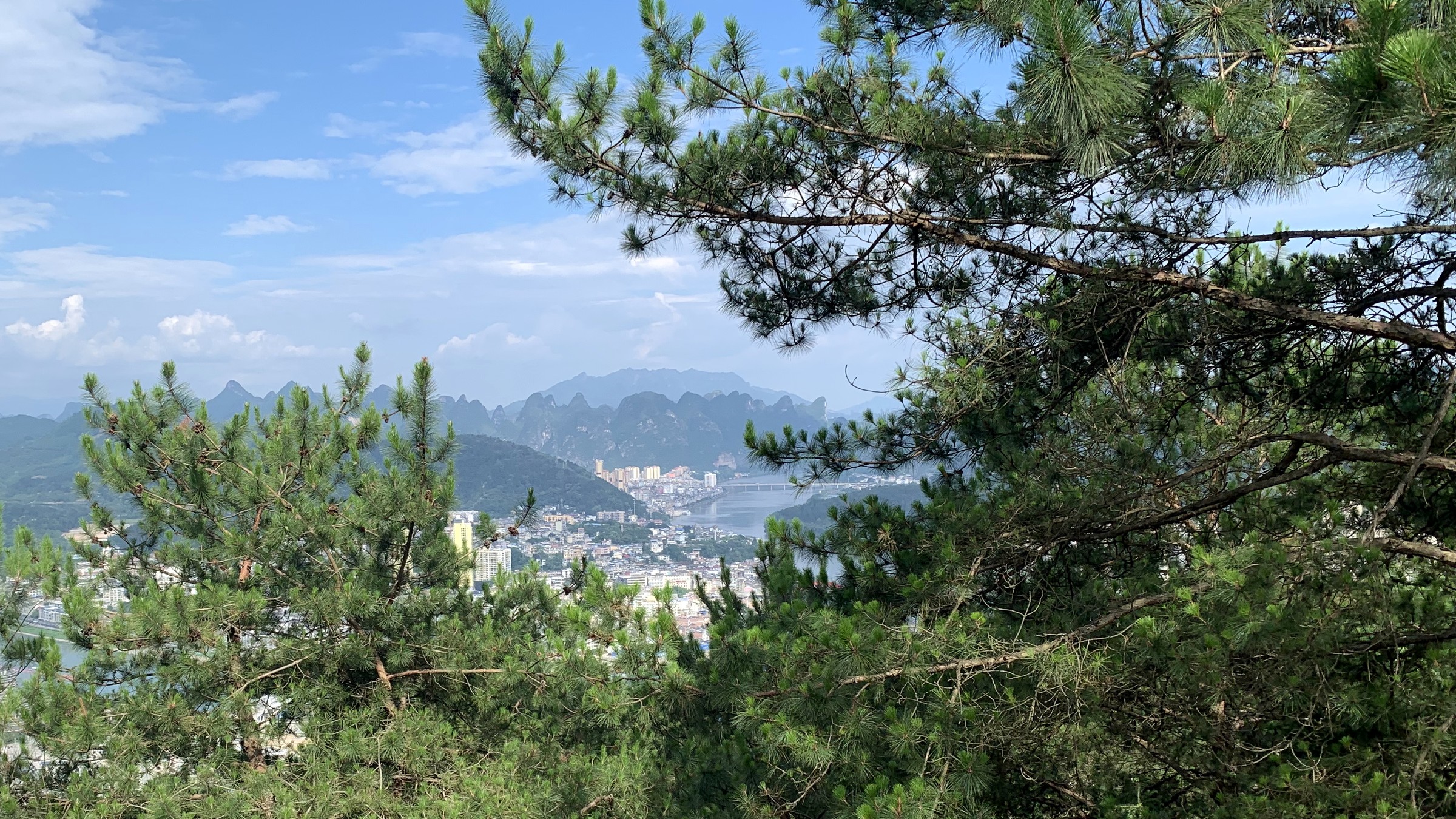 松林之间可见桂林一带的城区、山地与喀斯特峰林